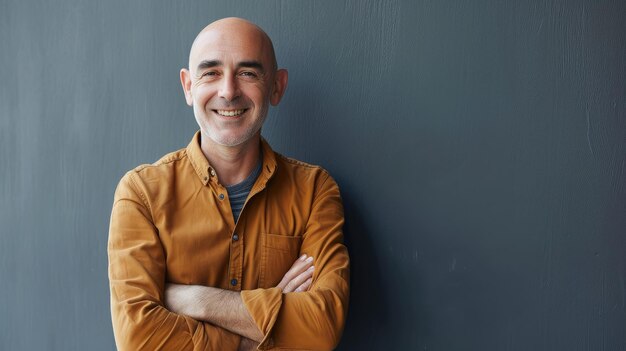 Minimal waist up portrait of mature bald man smiling at camera while standing confidently with arms crossed copy space