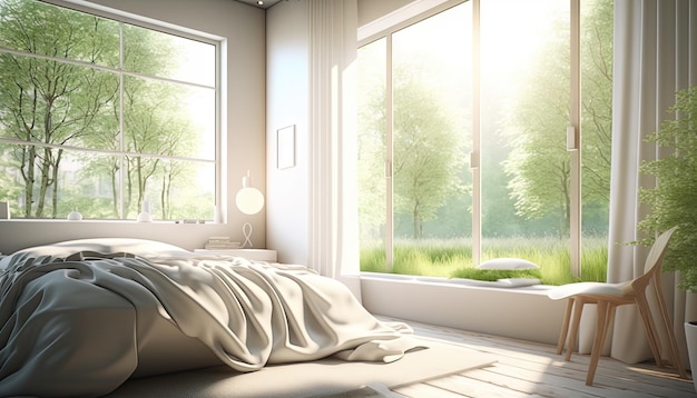 Minimal white bedroom with large window and forest view Generative AI