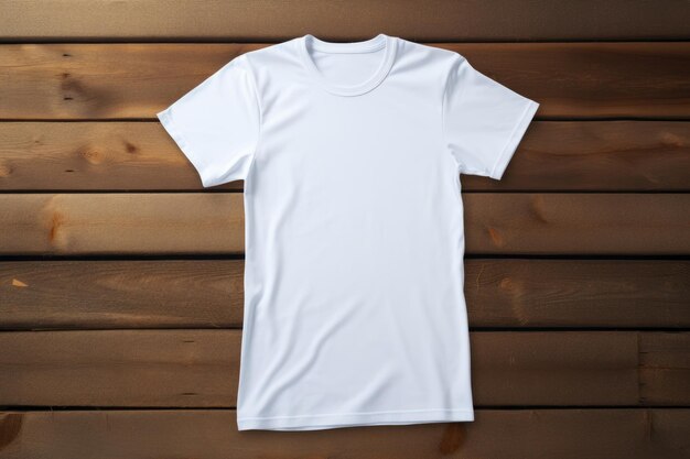 Photo minimal white blank t shirt mock up on plank wooden brown table