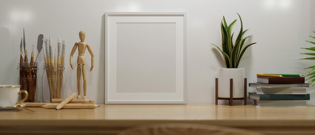 家の装飾の3dレンダリングと木製の卓上に最小限の白い空のフレームのモックアップ
