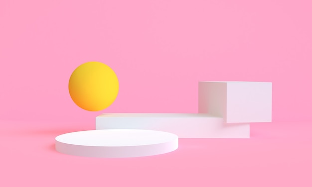 Minimal white geometry Abstract shape mock up with podium for product display on pink background, 3D Render