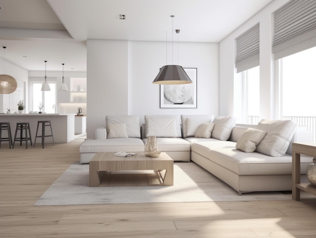 Minimal white modern living room with modern comfortable furniture Generative AI