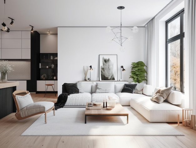 Минимальная белая современная гостиная с современной удобной мебелью Generative AI