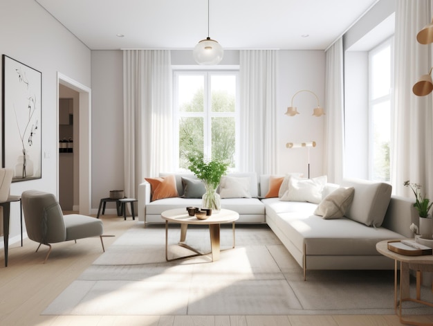 Minimal white modern living room with modern comfortable furniture Generative AI