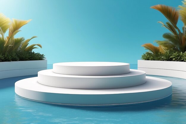 Minimal white pedestal podium on pool background products display 3d rendering