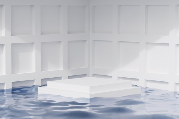 Minimal white pedestal podium on pool background products display 3d rendering