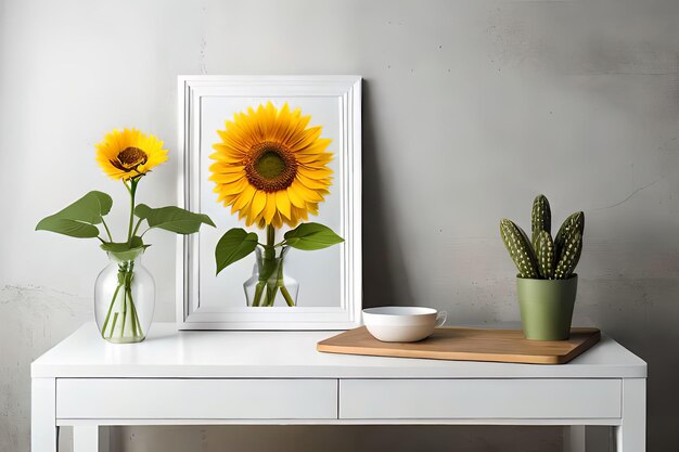 写真 花瓶に花を入れた最小限の白い額縁キャンバスディスプレイ