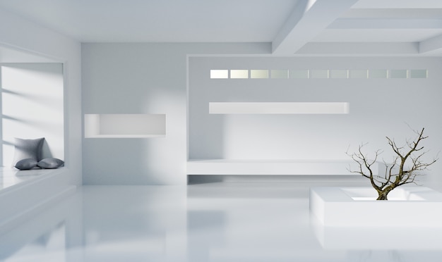 Minimal white room with tree in room, 3d illustration rendering