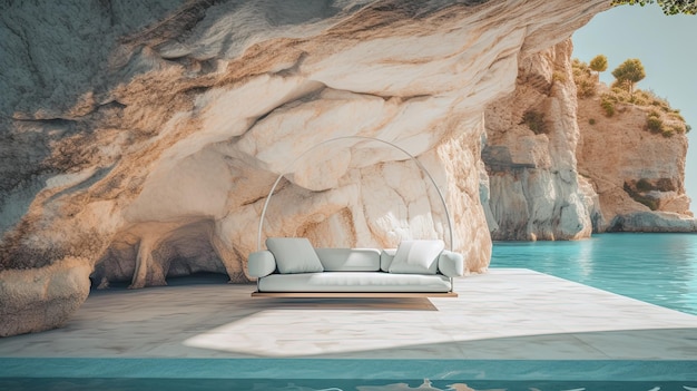 Minimal white sofa in rock cliff near the light blue pool in the summer