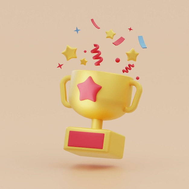 Photo minimal winner gold trophy cup and star confetti 3d rendering