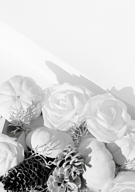 Photo minimal winter composition. basket with white cones, roses and pumpkin. frame mock up design. still life art