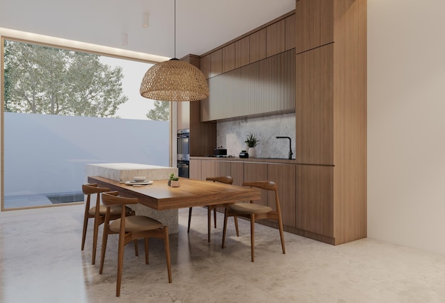 Minimal wooden kitchen and dining table 3D illustration rendering