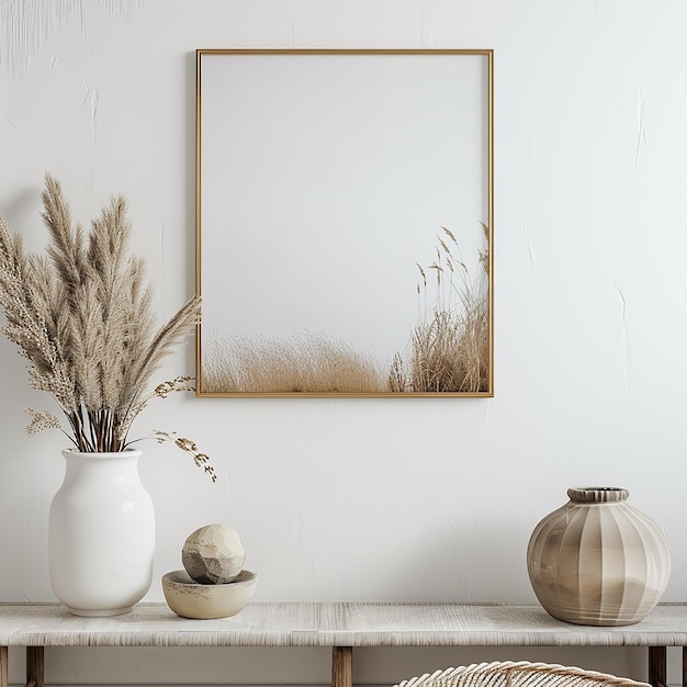 Minimal wooden picture poster frame mockup on white wallpaper