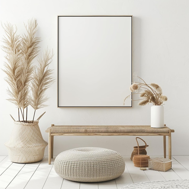 Minimal wooden picture poster frame mockup on white wallpaper