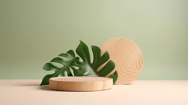 Minimal wooden podium with leaves Illustration AI GenerativexA