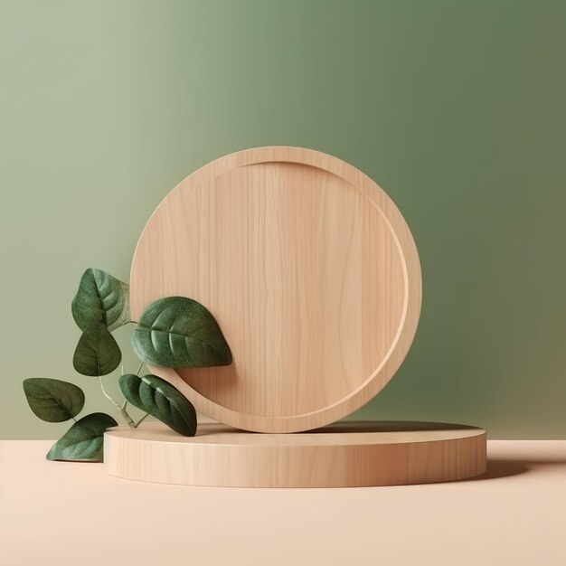 Minimal wooden podium with leaves Illustration AI GenerativexA