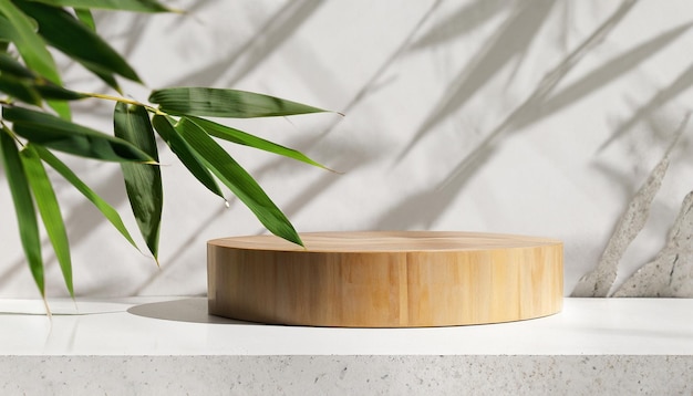 Minimal wooden table podium green bamboo foliage in beige background