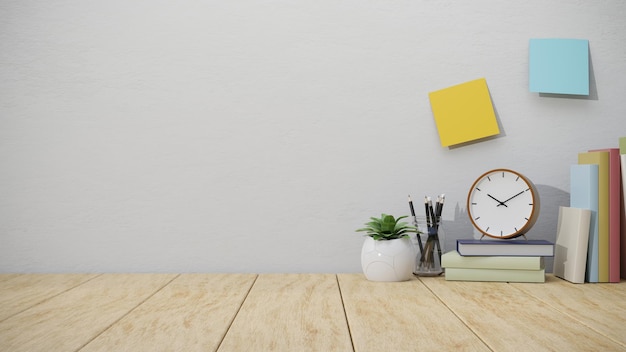 Minimal wooden work tabletop with stationery and copy space for product display over white wall