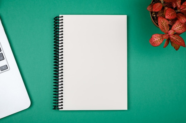 Minimal workplace with laptop and blank notepad on colored background Top view Flat lay