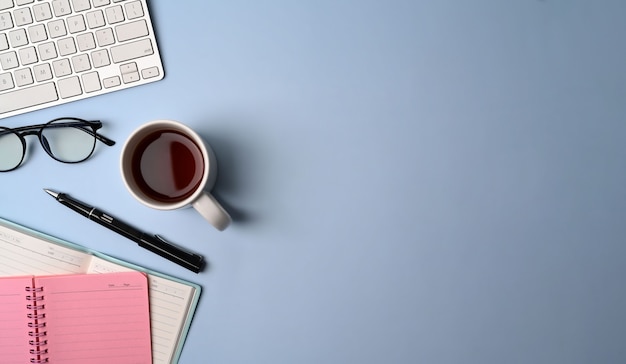 Posto di lavoro minimo con taccuino, occhiali, tazza di caffè, tastiera e penna su sfondo blu.