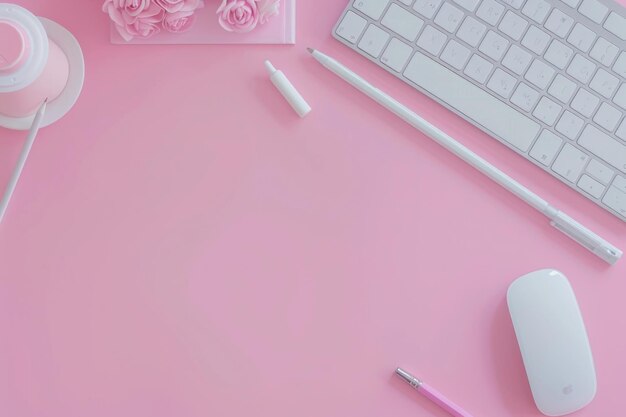 Photo minimal workspace with white pen pencil and computer on pink background