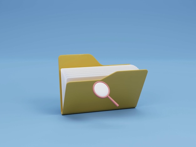 Фото Минимальная желтая открытая папка с бумагами и увеличительным стеклом для поиска документов в 3d-рендеринге