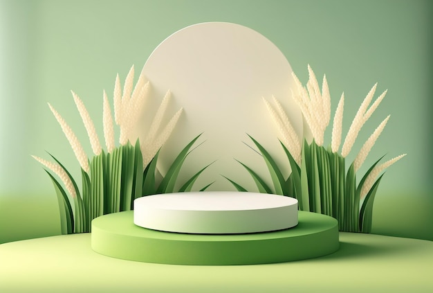 Minimale 3d illustratie van podium met groene grasachtergrond