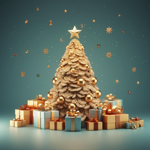 Minimale 3D render vrolijke kerstboom en geschenken