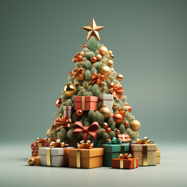 Minimale 3D render vrolijke kerstboom en geschenken