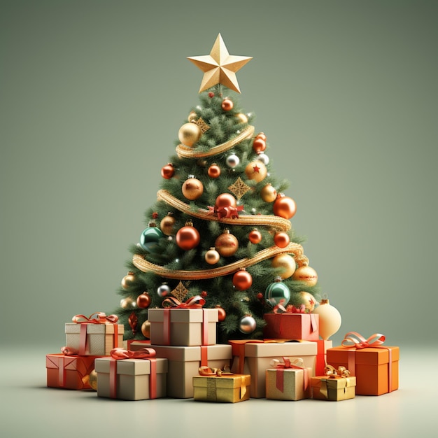 Minimale 3D render vrolijke kerstboom en geschenken