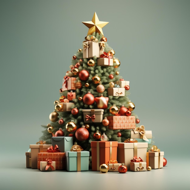Minimale 3D render vrolijke kerstboom en geschenken