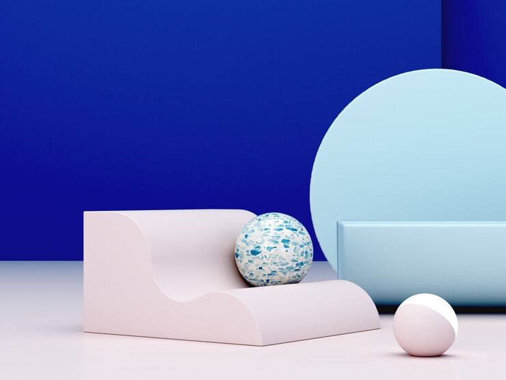Minimale 3D-scène met podium en abstracte achtergrond in blauwe kleuren.