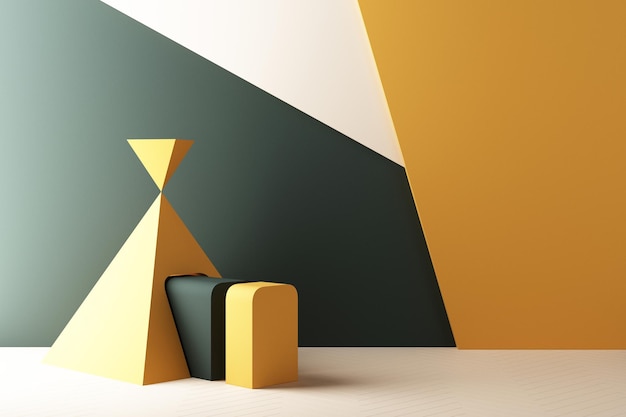 Minimale abstracte geometrische achtergrond met direct zonlicht in schakeringen van groen en geel Showcase scène met leeg podium voor productpresentatie 3D-rendering