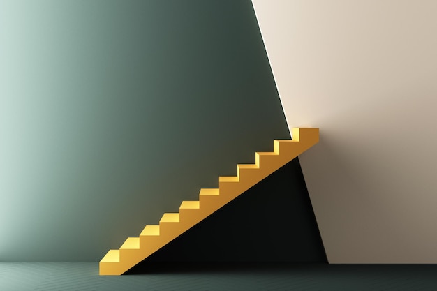 Minimale abstracte geometrische achtergrond met direct zonlicht in schakeringen van groen en geel Showcase scène met leeg podium voor productpresentatie 3D-rendering