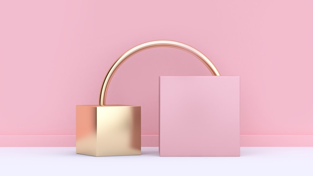 minimale abstracte geometrische vorm gouden en roze muur witte vloer 3D-rendering