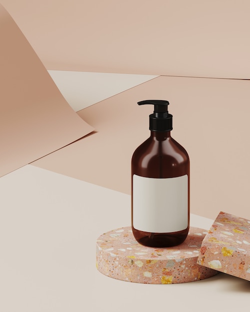 Minimale achtergrond voor branding en productpresentatie. Cosmetische fles op terrazzo podium, op crème kleur papier roll achtergrond. 3D-rendering illustratie.