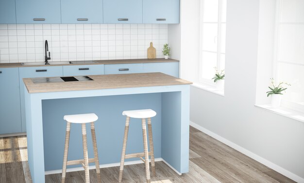 Minimale blauwe moderne keuken met kookeiland