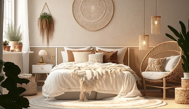 Minimale Boheemse slaapkamer interieurstijlen met Home decoratie mock up beige toon Cosy Generative AI