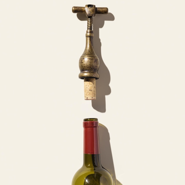 Minimale bovenaanzicht vintage kurkentrekker met ontkurkte kurk en glazen fles voor rode wijn