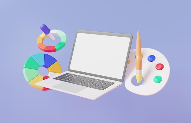 Minimale cartoon kleurrijke creatieve kunstwerken schilderen onderwijs op computer laptop pipet tool zuigen kleurenpalet met penseel drijvend op paarse achtergrond schattig glad 3d render illustratie