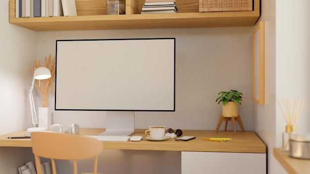 Minimale comfortabele thuiswerkruimte interieur met hout en witte materialen computer op houten tafel