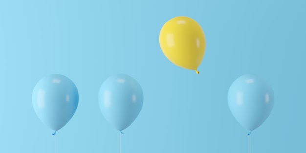 Minimale concepten uitstaande gele ballon drijvend met blauwe ballonnen op blauwe achtergrond