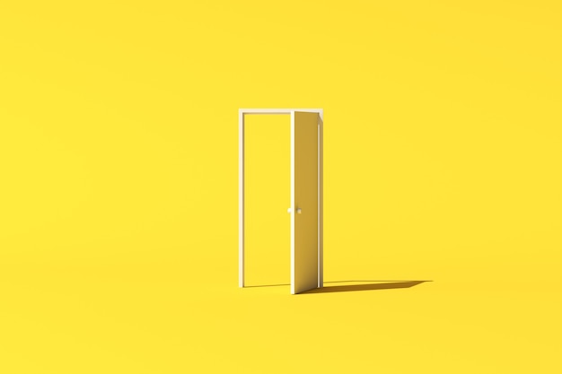 Minimale conceptuele scène van een witte deur op gele achtergrond. 3D-weergave.