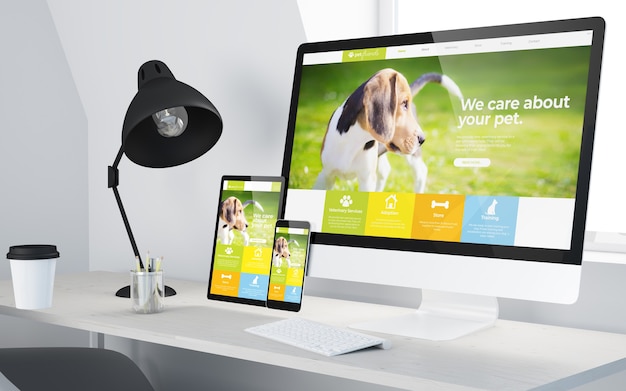 Minimale desktop met responsieve dierenartswebsite op apparaten 3D-rendering