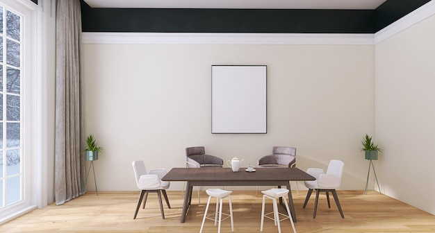 Minimale eetkamerinterieurontwerpscène met eettafel en posterframemodel