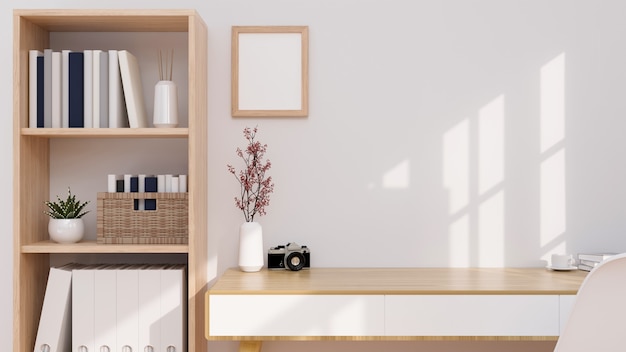 Minimale en comfortabele thuiswerkruimte interieur met houten meubels kopieerruimte op houten tafel