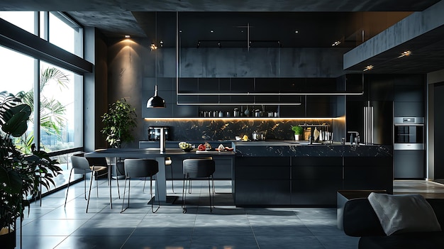 Minimale esthetische moderne keuken interieurontwerp 3d gerenderd