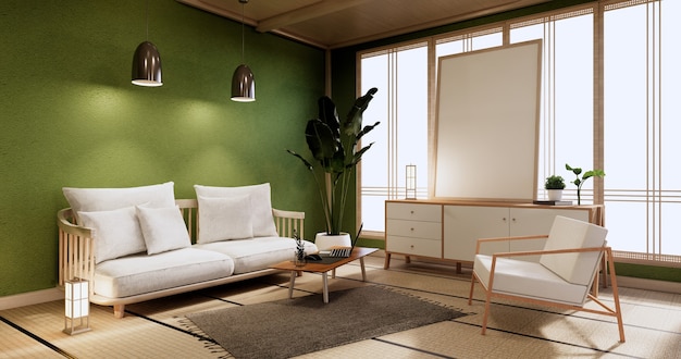 Minimale groene woonkamer. 3D-rendering