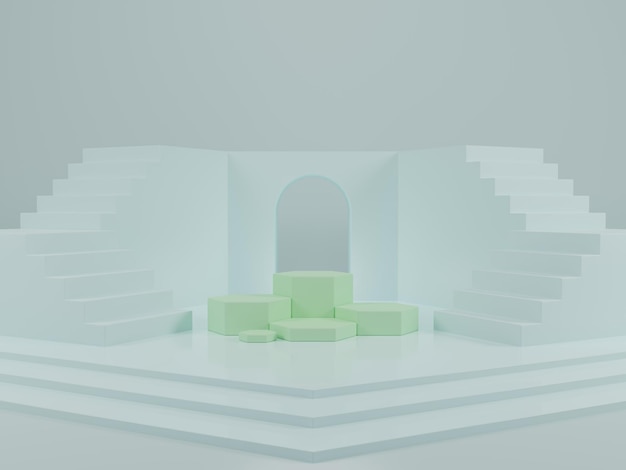 Minimale groene zeshoekige productpresentatie display podium met trap op lichtblauwe achtergrond 3D-rendering illustratie