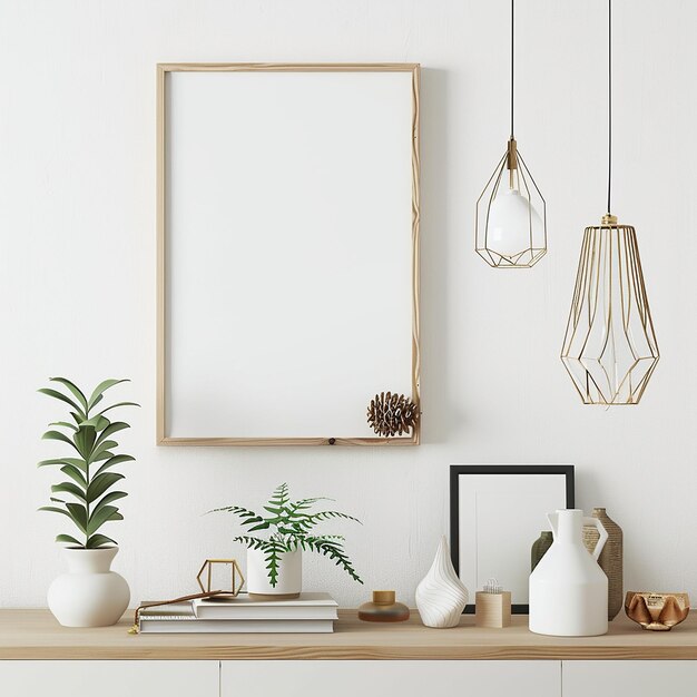 Minimale houten posterframe op wit behang